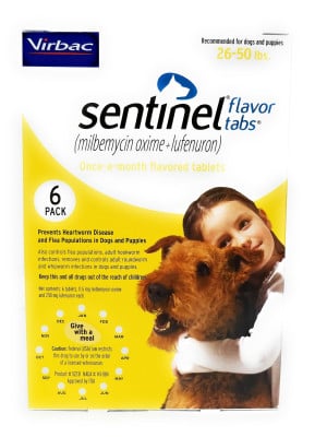 Sentinel Flavor Tabs for Dogs 26-50 lbs, 6 Doses (Yellow)